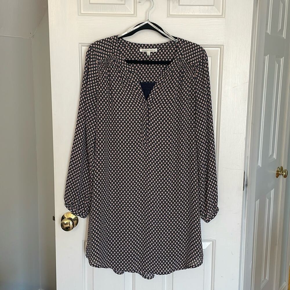 Daniel Rainn Large Dress Long Sleeve Navy Orange Geometric Pattern V Neck Cross
